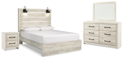 Cambeck Queen Panel Bed with Mirrored Dresser and Nightstand, Whitewash