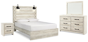 Cambeck Queen Panel Bed with Mirrored Dresser and Nightstand, Whitewash, large