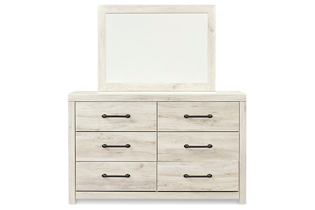 What a delightful take on rustic industrial style. Whether modern loft or modern farmhouse, the Cambeck dresser and mirror set makes itself at home. The wispy whitewash palette enhances without covering the grain for that weathered look you crave. Elongated drawer pulls elevate the aesthetic.Includes dresser with mirror | Made of engineered wood (MDF/particleboard) and decorative laminate | Wispy white finish over replicated oak grain with authentic touch | 6 smooth-gliding drawers | Drawers lined with faux linen laminate for finished aesthetic | Dark-tone industrial hardware | Mirror attaches to back of dresser | Assembly required | Estimated Assembly Time: 5 Minutes