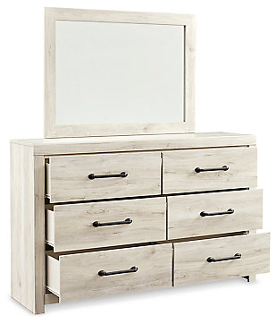 What a delightful take on rustic industrial style. Whether modern loft or modern farmhouse, the Cambeck dresser and mirror set makes itself at home. The wispy whitewash palette enhances without covering the grain for that weathered look you crave. Elongated drawer pulls elevate the aesthetic.Includes dresser with mirror | Made of engineered wood (MDF/particleboard) and decorative laminate | Wispy white finish over replicated oak grain with authentic touch | 6 smooth-gliding drawers | Drawers lined with faux linen laminate for finished aesthetic | Dark-tone industrial hardware | Mirror attaches to back of dresser | Assembly required | Estimated Assembly Time: 5 Minutes