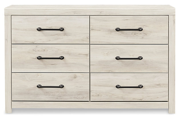 Whether you lean towards modern loft or modern farmhouse, the Cambeck panel storage bed and dresser tip the balance in your favor. The wispy whitewash finish enhances the style without covering the grain for that weathered look you just can’t get enough of. Love to read in bed? You’re sure to find the retro-chic light sconces and USB plug-ins on the open-slat style headboard to be a totally bright idea while the elongated metal drawer pulls really elevate the aesthetic. What a delightful take on rustic industrial style.Includes panel bed with storage (headboard, storage footboard and rails) and dresser  | Made of engineered wood (MDF/particleboard) and decorative laminate | Wispy white finish over replicated oak grain with authentic touch | Dresser with smooth-gliding drawers with faux linen lining; large-scale hardware with dark finish | Headboard with 2 decorative LED sconces (requires 3AA batteries each) and 2 slim-profile USB charging stations | Footboard with 2 smooth-gliding storage drawers | Power cord included; UL Listed | Foundation/box spring required, sold separately; mattress available, sold separately | Safety is a top priority, clothing storage units are designed to meet the most current standard for stability, ASTM F 2057 (ASTM International) | Drawers extend out to accommodate maximum access to drawer interior while maintaining safety | Assembly required | Estimated Assembly Time: 10 Minutes