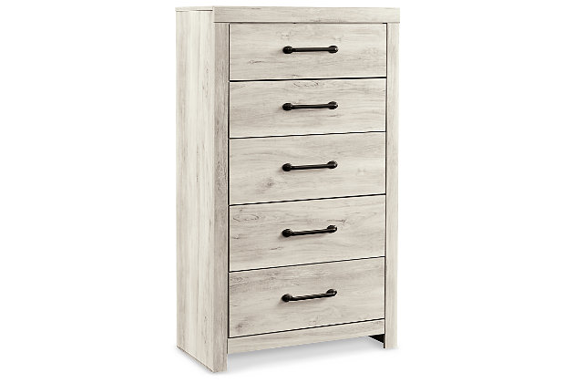 What a delightful take on rustic industrial style. Whether modern loft or modern farmhouse, the Cambeck 5-drawer chest makes itself at home. The wispy whitewash palette enhances without covering the grain for that weathered look you crave. Elongated drawer pulls elevate the aesthetic.Made of engineered wood and decorative laminate | Wispy white finish over replicated oak grain with authentic touch | Dark-tone industrial hardware | 5 smooth-gliding drawers | Drawer interiors are lined with a faux linen laminate for a clean finished look | Safety is a top priority, clothing storage units are designed to meet the most current standard for stability, ASTM F 2057 (ASTM International) | Drawers extend out to accommodate maximum access to drawer interior while maintaining safety