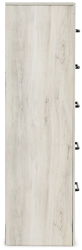 What a delightful take on rustic industrial style. Whether modern loft or modern farmhouse, the Cambeck 5-drawer chest makes itself at home. The wispy whitewash palette enhances without covering the grain for that weathered look you crave. Elongated drawer pulls elevate the aesthetic.Made of engineered wood and decorative laminate | Wispy white finish over replicated oak grain with authentic touch | Dark-tone industrial hardware | 5 smooth-gliding drawers | Drawer interiors are lined with a faux linen laminate for a clean finished look | Safety is a top priority, clothing storage units are designed to meet the most current standard for stability, ASTM F 2057 (ASTM International) | Drawers extend out to accommodate maximum access to drawer interior while maintaining safety