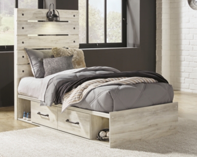 Cambeck Twin Panel Bed with 2 Storage Drawers, Whitewash, rollover