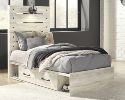 Cambeck Twin Panel Bed with 4 Storage Drawers, Whitewash, rollover
