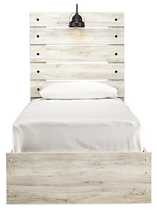 What a delightful take on rustic industrial style. Whether modern loft or modern farmhouse, the Cambeck twin panel bed makes itself at home. The wispy whitewash palette enhances without covering the grain for that weathered look you crave. Love to read in bed? You’re sure to find the retro-chic light sconce and USB plug-ins on the open-slat style headboard such a bright idea.Includes headboard, footboard and rails | Made of engineered wood (MDF/particleboard) and decorative laminate | Wispy white finish over replicated oak grain with authentic touch | Decorative sconce light, LED with 3 AA batteries | 2 slim-profile USB charging ports | Power cord included; UL-listed | Foundation/box spring required, sold separately | Mattress available, sold separately | Assembly required | Estimated Assembly Time: 10 Minutes