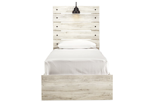 What a delightful take on rustic industrial style. Whether modern loft or modern farmhouse, the Cambeck twin panel bed makes itself at home. The wispy whitewash palette enhances without covering the grain for that weathered look you crave. Love to read in bed? You’re sure to find the retro-chic light sconce and USB plug-ins on the open-slat style headboard such a bright idea.Includes headboard, footboard and rails | Made of engineered wood (MDF/particleboard) and decorative laminate | Wispy white finish over replicated oak grain with authentic touch | Decorative sconce light, LED with 3 AA batteries | 2 slim-profile USB charging ports | Power cord included; UL-listed | Foundation/box spring required, sold separately | Mattress available, sold separately | Assembly required | Estimated Assembly Time: 10 Minutes
