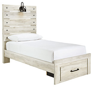 Cambeck Twin Panel Bed with 1 Storage Drawer, Whitewash, large