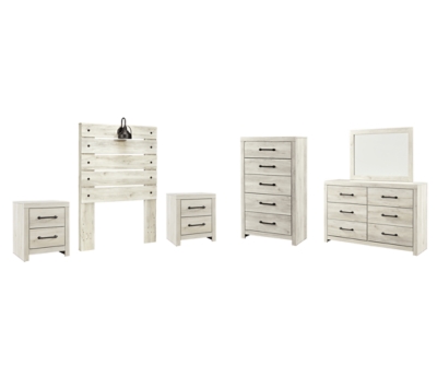Cambeck Twin Panel Headboard Bed with Mirrored Dresser, Chest and 2 Nightstands, Whitewash, large