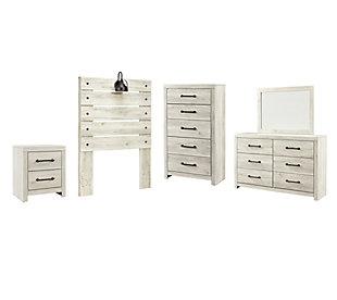 Cambeck Twin Panel Headboard Bed with Mirrored Dresser, Chest and Nightstand, Whitewash, large