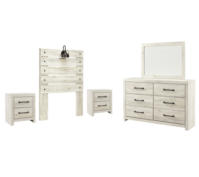 Cambeck Twin Panel Headboard Bed with Mirrored Dresser and 2 Nightstands, Whitewash, large