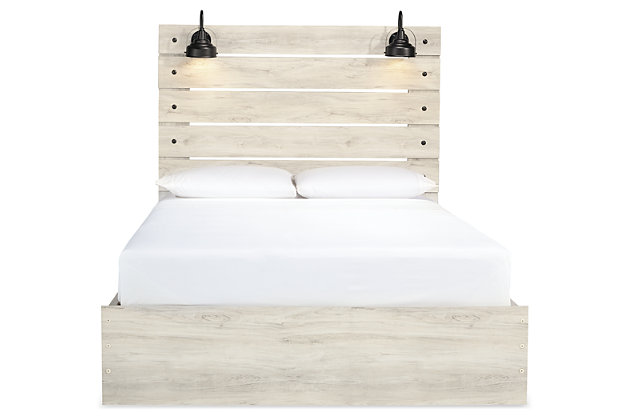 What a delightful take on rustic industrial style. Whether modern loft or modern farmhouse, the Cambeck queen panel storage bed makes itself at home. The wispy whitewash palette enhances without covering the grain for that weathered look you crave. Love to read in bed? You’re sure to find the retro-chic light sconces and USB plug-ins on the open-slat style headboard such a bright idea. Elongated drawer pulls on the under bed storage drawers elevate the aesthetic.Includes headboard, footboard, side storage, rail and slats | Made of engineered wood (MDF/particleboard) and decorative laminate | Wispy white finish over replicated oak grain with authentic touch | Dark-tone industrial hardware | 2 decorative sconce lights, LED with 3 AA batteries | 2 smooth-gliding storage drawers | 2 storage cubbies | 2 slim-profile USB charging ports | Power cord included; UL-listed | Bed does not require a foundation/box spring | Mattress available, sold separately | Assembly required | Estimated Assembly Time: 15 Minutes