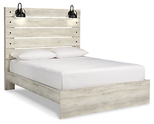 What a delightful take on rustic industrial style. Whether modern loft or modern farmhouse, the Cambeck panel bed makes itself at home. The wispy whitewash palette enhances without covering the grain for that weathered look you crave. Love to read in bed? You’re sure to find the retro-chic light sconces and USB plug-ins on the open-slat style headboard such a bright idea. Includes headboard, footboard and rails | Made of engineered wood (MDF/particleboard) and decorative laminate | Wispy white finish over replicated oak grain with authentic touch | 2 decorative sconce lights, LED with 3 AA batteries | 2 slim-profile USB charging ports | Power cord included; UL-listed | Foundation/box spring required, sold separately | Mattress available, sold separately | Assembly required | Estimated Assembly Time: 10 Minutes