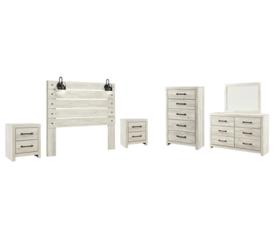 Cambeck Queen Panel Headboard Bed with Mirrored Dresser, Chest and 2 Nightstands, Whitewash