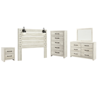 Cambeck Queen Panel Headboard Bed with Mirrored Dresser, Chest and Nightstand, Whitewash