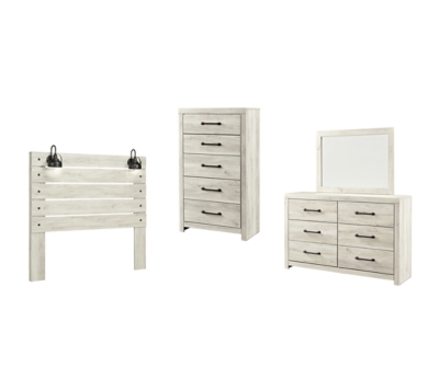 Cambeck Queen Panel Headboard Bed with Mirrored Dresser and Chest, Whitewash