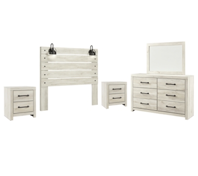 Cambeck Queen Panel Headboard Bed with Mirrored Dresser and 2 Nightstands, Whitewash