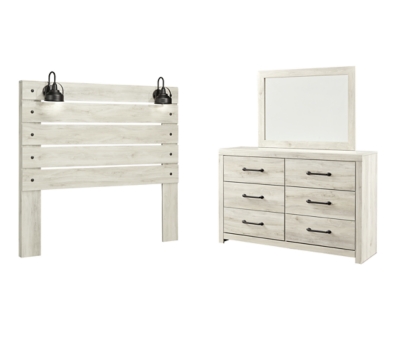 Cambeck Queen Panel Headboard Bed with Mirrored Dresser, Whitewash