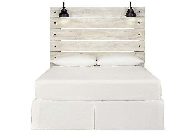 What a delightful take on rustic industrial style. Whether modern loft or modern farmhouse, the Cambeck queen panel headboard makes itself at home. The wispy whitewash palette enhances without covering the grain for that weathered look you crave. Love to read in bed? You’re sure to find the retro-chic light sconces and USB plug-ins on the open-slat style headboard such a bright idea.Headboard only | Made of engineered wood (MDF/particleboard) | and decorative laminate | Wispy white finish over replicated oak grain with authentic touch | 2 decorative sconce lights, LED with 3 AA batteries | 2 slim-profile USB charging stations | Power cord included; UL Listed | Hardware not included | ¼" bolts are needed to attach headboard to existing bed frame | Bolt length depends on thickness of your bed frame | Assembly required