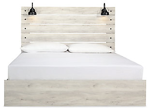 What a delightful take on rustic industrial style. Whether modern loft or modern farmhouse, the Cambeck king panel bed makes itself at home. The wispy whitewash palette enhances without covering the grain for that weathered look you crave. Love to read in bed? You’re sure to find the retro-chic light sconces and USB plug-ins on the open-slat style headboard such a bright idea.Includes headboard, footboard and rails | Made of engineered wood (MDF/particleboard) and decorative laminate | Wispy white finish over replicated oak grain with authentic touch | 2 decorative sconce lights, LED with 3 AA batteries | 2 slim-profile USB charging ports | Power cord included; UL-listed | Foundation/box spring required, sold separately | Mattress available, sold separately | Assembly required | Estimated Assembly Time: 10 Minutes