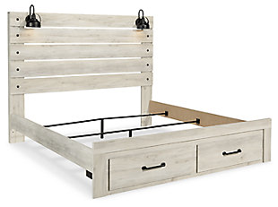 What a delightful take on rustic industrial style. Whether modern loft or modern farmhouse, the Cambeck queen panel bed makes itself at home. The wispy whitewash palette enhances without covering the grain for that weathered look you crave. Love to read in bed? You’re sure to find the retro-chic light sconces and USB plug-ins on the open-slat style headboard such a bright idea.Includes headboard, footboard and rails | Includes 2 footboard drawers | Made of engineered wood (MDF/particleboard) and decorative laminate | Wispy white finish over replicated oak grain with authentic touch | 2 decorative sconce lights, LED with 3 AA batteries | 2 slim-profile USB charging ports | Power cord included; UL-listed | Foundation/box spring required, sold separately | Mattress available, sold separately | Assembly required | Estimated Assembly Time: 10 Minutes