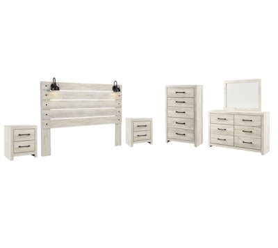 Cambeck King Panel Headboard Bed with Mirrored Dresser, Chest and 2 Nightstands, Whitewash