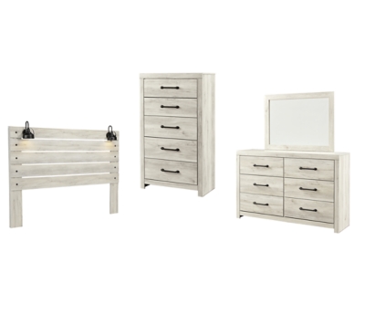 Cambeck King Panel Headboard Bed with Mirrored Dresser, Chest and Nightstand, Whitewash