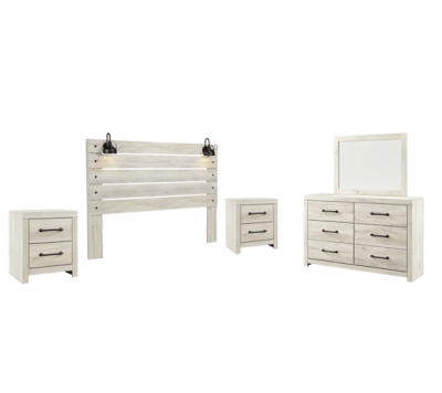 Cambeck King Panel Headboard Bed with Mirrored Dresser and 2 Nightstands, Whitewash