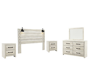 Cambeck King Panel Headboard Bed with Mirrored Dresser and 2 Nightstands, Whitewash, large