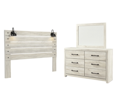 Cambeck King Panel Headboard Bed with Mirrored Dresser, Whitewash