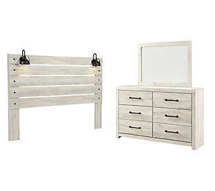 Cambeck King Panel Headboard Bed with Mirrored Dresser, Whitewash, large