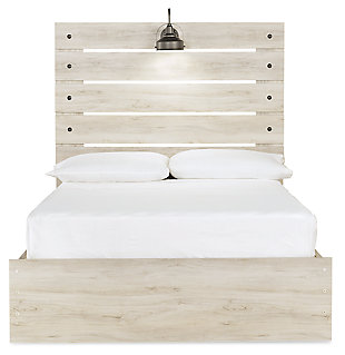 What a delightful take on rustic industrial style. Whether modern loft or modern farmhouse, the Cambeck full panel storage bed makes itself at home. The wispy whitewash palette enhances without covering the grain for that weathered look you crave. Love to read in bed? You’re sure to find the retro-chic light sconce and USB plug-ins on the open-slat style headboard such a bright idea. Elongated drawer pulls on the under bed storage drawers elevate the aesthetic.Includes headboard, footboard, side storage, rails and slats | Made of engineered wood (MDF/particleboard) and decorative laminate | Wispy white finish over replicated oak grain with authentic touch | Dark-tone industrial hardware | Decorative sconce light, LED with 3 AA batteries | 2 smooth-gliding storage drawers | 2 storage cubbies  | 2 slim-profile USB charging ports | Power cord included; UL-listed | Bed does not require a foundation/box spring | Mattress available, sold separately | Assembly required | Estimated Assembly Time: 45 Minutes