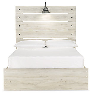 What a delightful take on rustic industrial style. Whether modern loft or modern farmhouse, the Cambeck full panel storage bed makes itself at home. The wispy whitewash palette enhances without covering the grain for that weathered look you crave. Love to read in bed? You’re sure to find the retro-chic light sconce and USB plug-ins on the open-slat style headboard such a bright idea. Elongated drawer pulls on the under bed storage drawers elevate the aesthetic.Includes headboard, footboard, side storage, rails and slats | Made of engineered wood (MDF/particleboard) and decorative laminate | Wispy white finish over replicated oak grain with authentic touch | Dark-tone industrial hardware | Decorative sconce light, LED with 3 AA batteries | 4 smooth-gliding storage drawers | 4 storage cubbies  | 2 slim-profile USB charging ports | Power cord included; UL-listed | Bed does not require a foundation/box spring | Mattress available, sold separately | Assembly required | Estimated Assembly Time: 45 Minutes