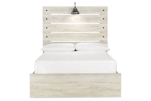 What a delightful take on rustic industrial style. Whether modern loft or modern farmhouse, the Cambeck full panel storage bed makes itself at home. The wispy whitewash palette enhances without covering the grain for that weathered look you crave. Love to read in bed? You’re sure to find the retro-chic light sconce and USB plug-ins on the open-slat style headboard such a bright idea. Elongated drawer pulls on the under bed storage drawers elevate the aesthetic.Includes headboard, footboard, side storage, rails and slats | Made of engineered wood (MDF/particleboard) and decorative laminate | Wispy white finish over replicated oak grain with authentic touch | Dark-tone industrial hardware | Decorative sconce light, LED with 3 AA batteries | 4 smooth-gliding storage drawers | 4 storage cubbies  | 2 slim-profile USB charging ports | Power cord included; UL-listed | Bed does not require a foundation/box spring | Mattress available, sold separately | Assembly required | Estimated Assembly Time: 45 Minutes
