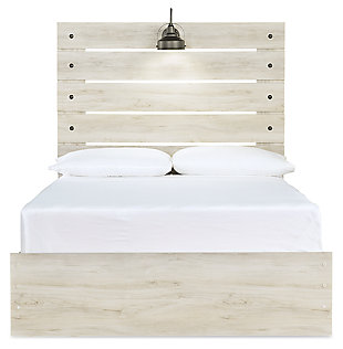 What a delightful take on rustic industrial style. Whether modern loft or modern farmhouse, the Cambeck full panel bed makes itself at home. The wispy whitewash palette enhances without covering the grain for that weathered look you crave. Love to read in bed? You’re sure to find the retro-chic light sconce and USB plug-ins on the open-slat style headboard such a bright idea.Includes headboard, footboard and rails | Made of engineered wood (MDF/particleboard) and decorative laminate | Wispy white finish over replicated oak grain with authentic touch | Decorative sconce light, LED with 3 AA batteries | 2 slim-profile USB charging ports | Power cord included; UL-listed | Foundation/box spring required, sold separately | Mattress available, sold separately | Assembly required | Estimated Assembly Time: 10 Minutes