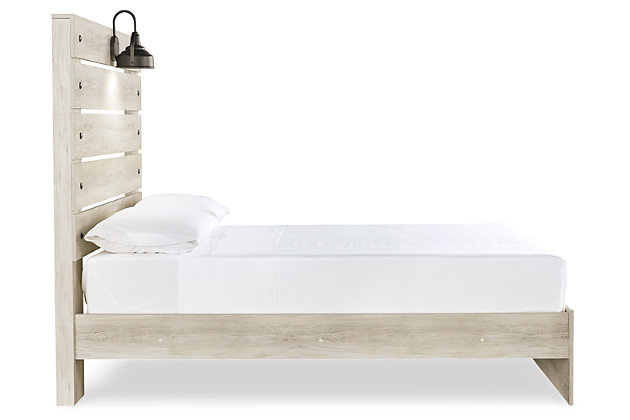 What a delightful take on rustic industrial style. Whether modern loft or modern farmhouse, the Cambeck full panel bed makes itself at home. The wispy whitewash palette enhances without covering the grain for that weathered look you crave. Love to read in bed? You’re sure to find the retro-chic light sconce and USB plug-ins on the open-slat style headboard such a bright idea.Includes headboard, footboard and rails | Made of engineered wood (MDF/particleboard) and decorative laminate | Wispy white finish over replicated oak grain with authentic touch | Decorative sconce light, LED with 3 AA batteries | 2 slim-profile USB charging ports | Power cord included; UL-listed | Foundation/box spring required, sold separately | Mattress available, sold separately | Assembly required | Estimated Assembly Time: 10 Minutes