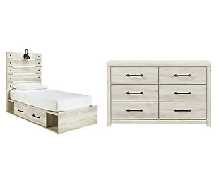 Cambeck Twin Panel Bed with 2 Storage Drawers with Dresser, Whitewash, large