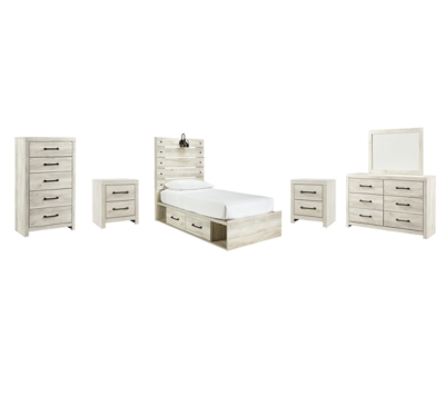 Cambeck Twin Panel Bed with 2 Storage Drawers with Mirrored Dresser, Chest and 2 Nightstands, Whitewash