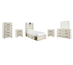 Cambeck Twin Panel Bed with 2 Storage Drawers with Mirrored Dresser, Chest and 2 Nightstands, Whitewash, large