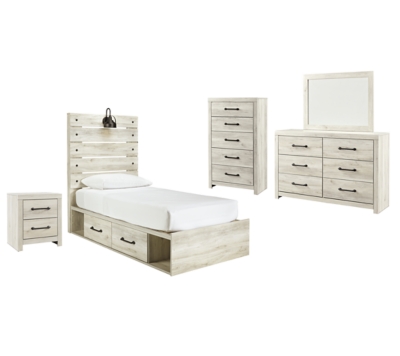 Cambeck Twin Panel Bed with 2 Storage Drawers with Mirrored Dresser, Chest and Nightstand, Whitewash, large
