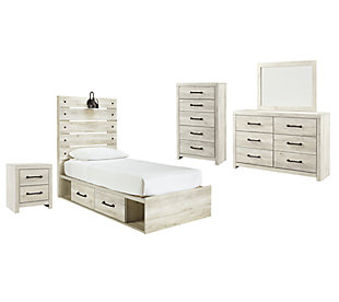 Cambeck Twin Panel Bed with 2 Storage Drawers with Mirrored Dresser, Chest and Nightstand, Whitewash, large