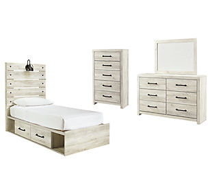 Cambeck Twin Panel Bed with 2 Storage Drawers with Mirrored Dresser and Chest, Whitewash, large