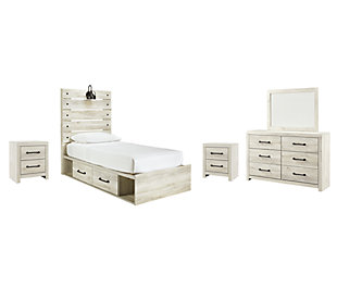Cambeck Twin Panel Bed with 2 Storage Drawers with Mirrored Dresser and 2 Nightstands, Whitewash, large