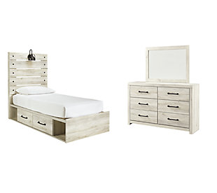 Cambeck Twin Panel Bed with 2 Storage Drawers with Mirrored Dresser, Whitewash, large