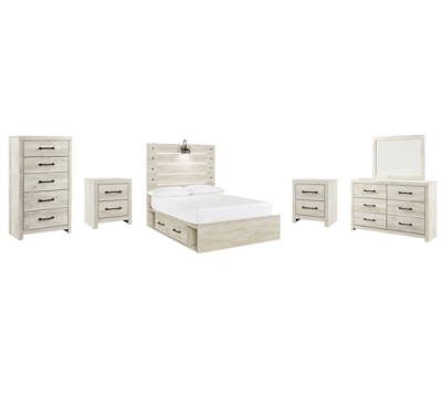 Cambeck Full Panel Bed with 2 Storage Drawers with Mirrored Dresser, Chest and 2 Nightstands, Whitewash