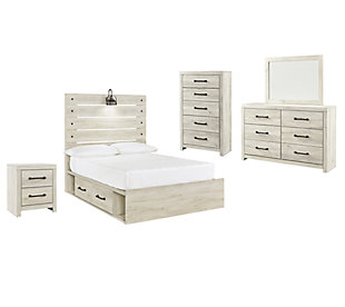 Cambeck Full Panel Bed with 2 Storage Drawers with Mirrored Dresser, Chest and Nightstand, Whitewash, large