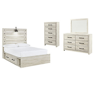 Cambeck Full Panel Bed with 2 Storage Drawers with Mirrored Dresser and Chest, Whitewash, large