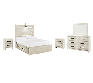 Cambeck Full Panel Bed with 2 Storage Drawers with Mirrored Dresser and 2 Nightstands, Whitewash, large