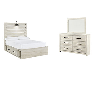 Cambeck Full Panel Bed with 2 Storage Drawers with Mirrored Dresser, Whitewash, large