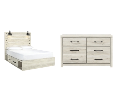 Cambeck Queen Panel Bed with 2 Storage Drawers with Dresser, Whitewash